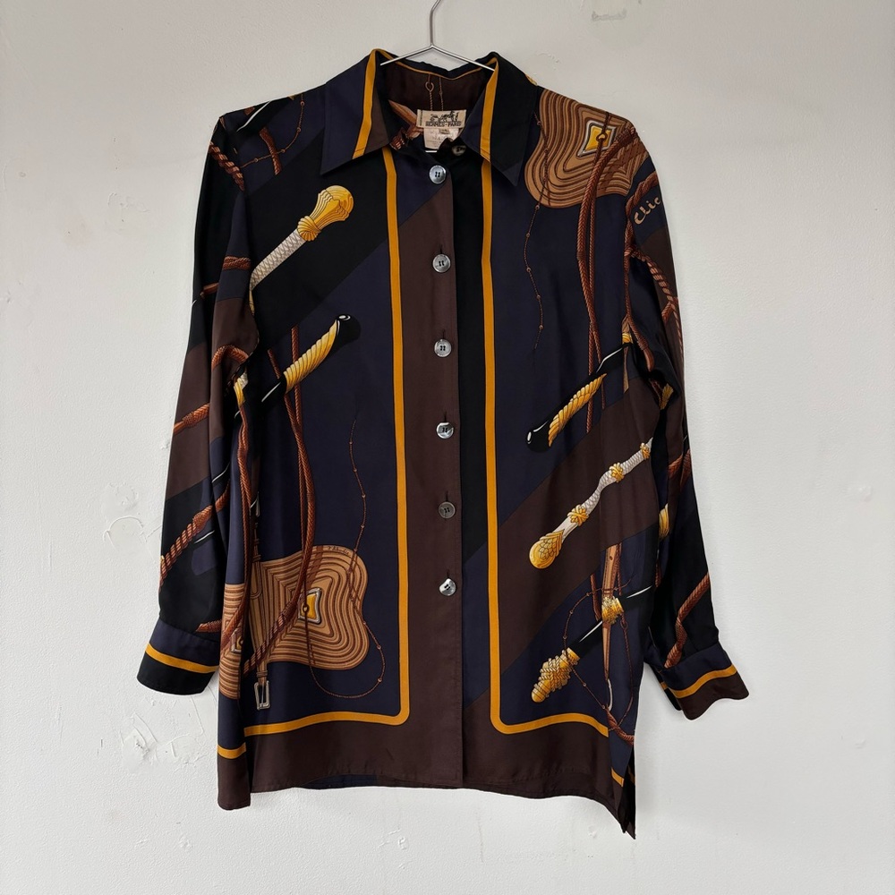 Vintage Hermes Paris Printed Silk Button Up